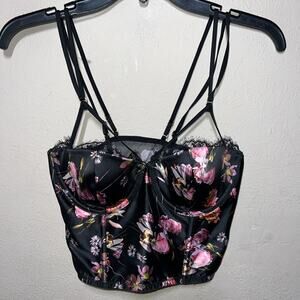 Victoria's Secret Bustier Corset Top 32D Black Pink Lace & Satin Sexy Floral VS